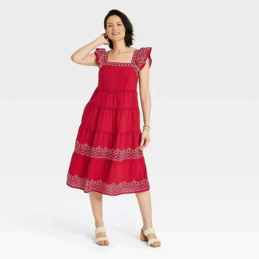 NWT Knox‎ Rose Red Embroidered Short Sleeve Ruffle Midi Dress Size XL